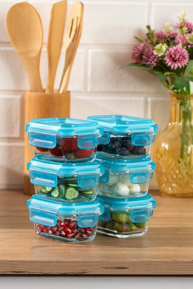 Porsima 4376 6lı Sızdırmaz Kilit Kapaklı Yiyecek Erzak Saklama Kabı Seti - Cam Saklama Kabı - 150ml Mavi