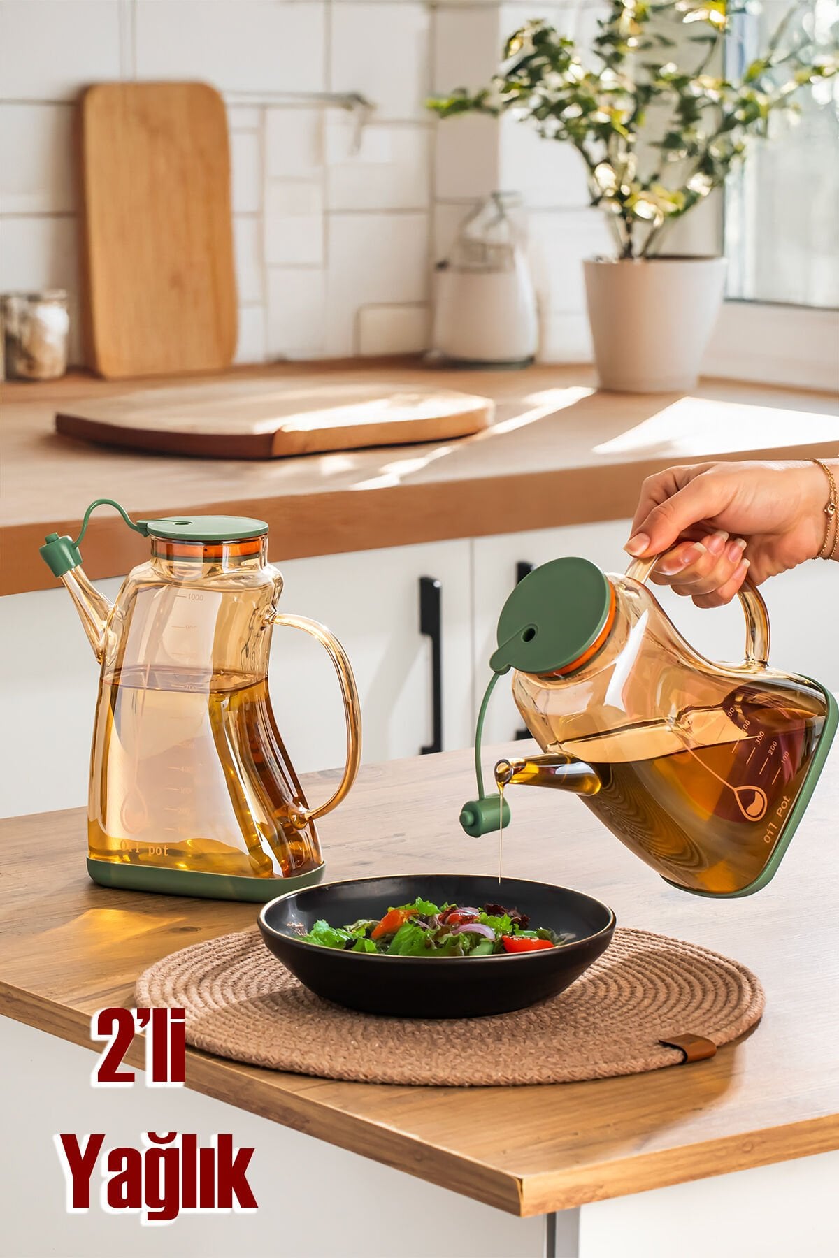 Porsima 3855 Şeffaf Borosilikat Cam Zeytinyağ Şişesi - 2li Yağlık ve Sirkelik Seti Yeşil 1lt