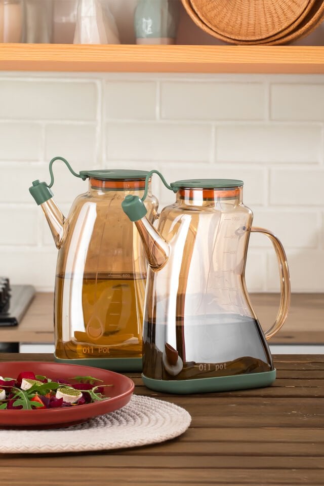 Porsima 3855 Şeffaf Borosilikat Cam Zeytinyağ Şişesi - 2li Yağlık ve Sirkelik Seti Yeşil 1lt