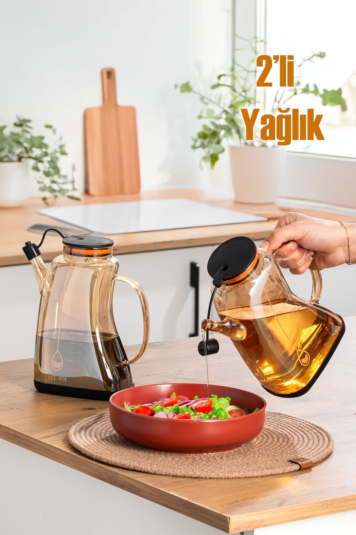 Porsima 3855-1 Şeffaf Borosilikat Cam Zeytinyağ Şişesi - 2li Yağlık ve Sirkelik Seti Siyah 1lt