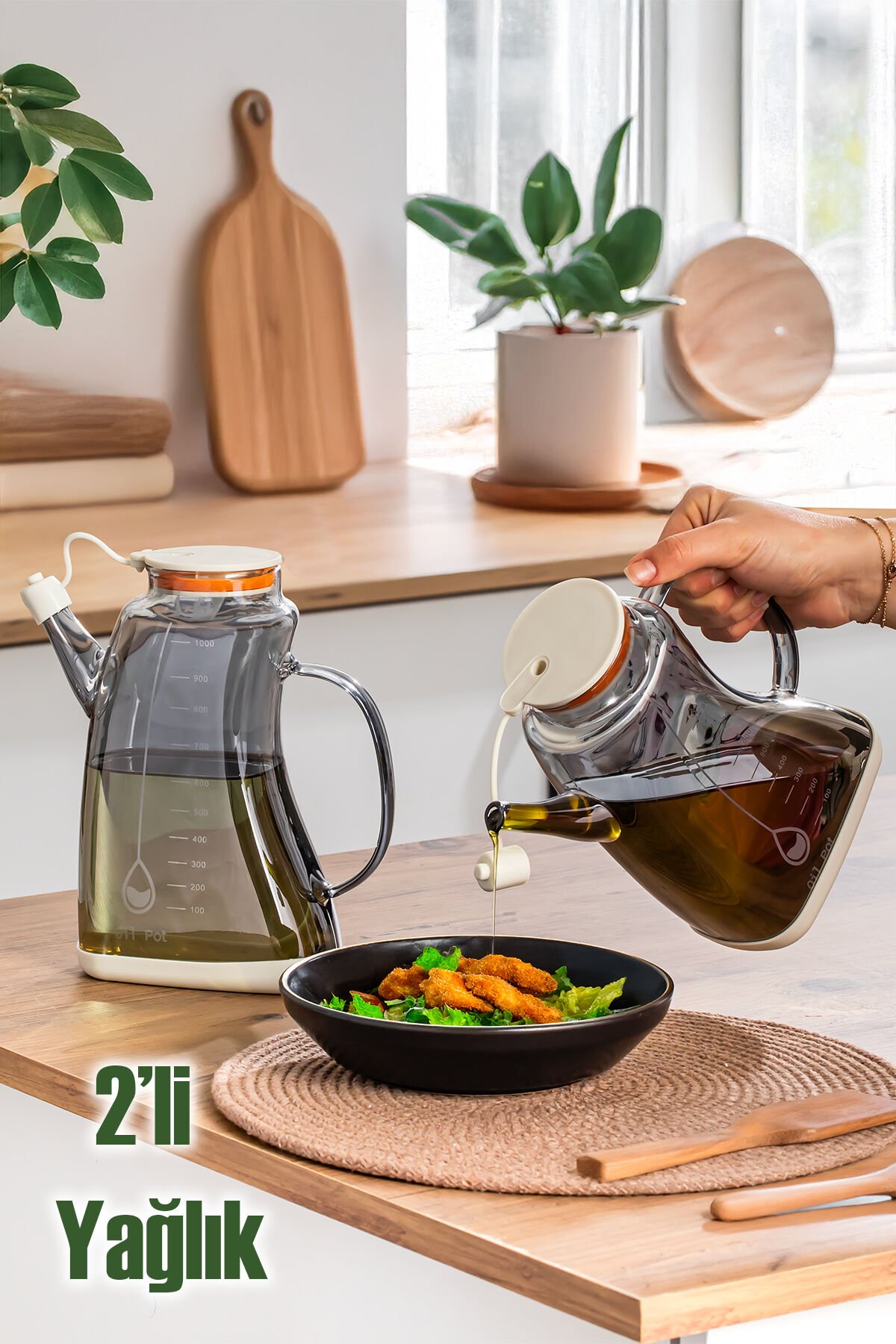 Porsima 3855-2 Şeffaf Borosilikat Cam Zeytinyağ Şişesi - 2li Yağlık ve Sirkelik Seti Beyaz 1lt