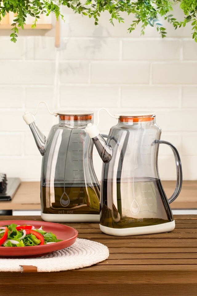 Porsima 3855-2 Şeffaf Borosilikat Cam Zeytinyağ Şişesi - 2li Yağlık ve Sirkelik Seti Beyaz 1lt