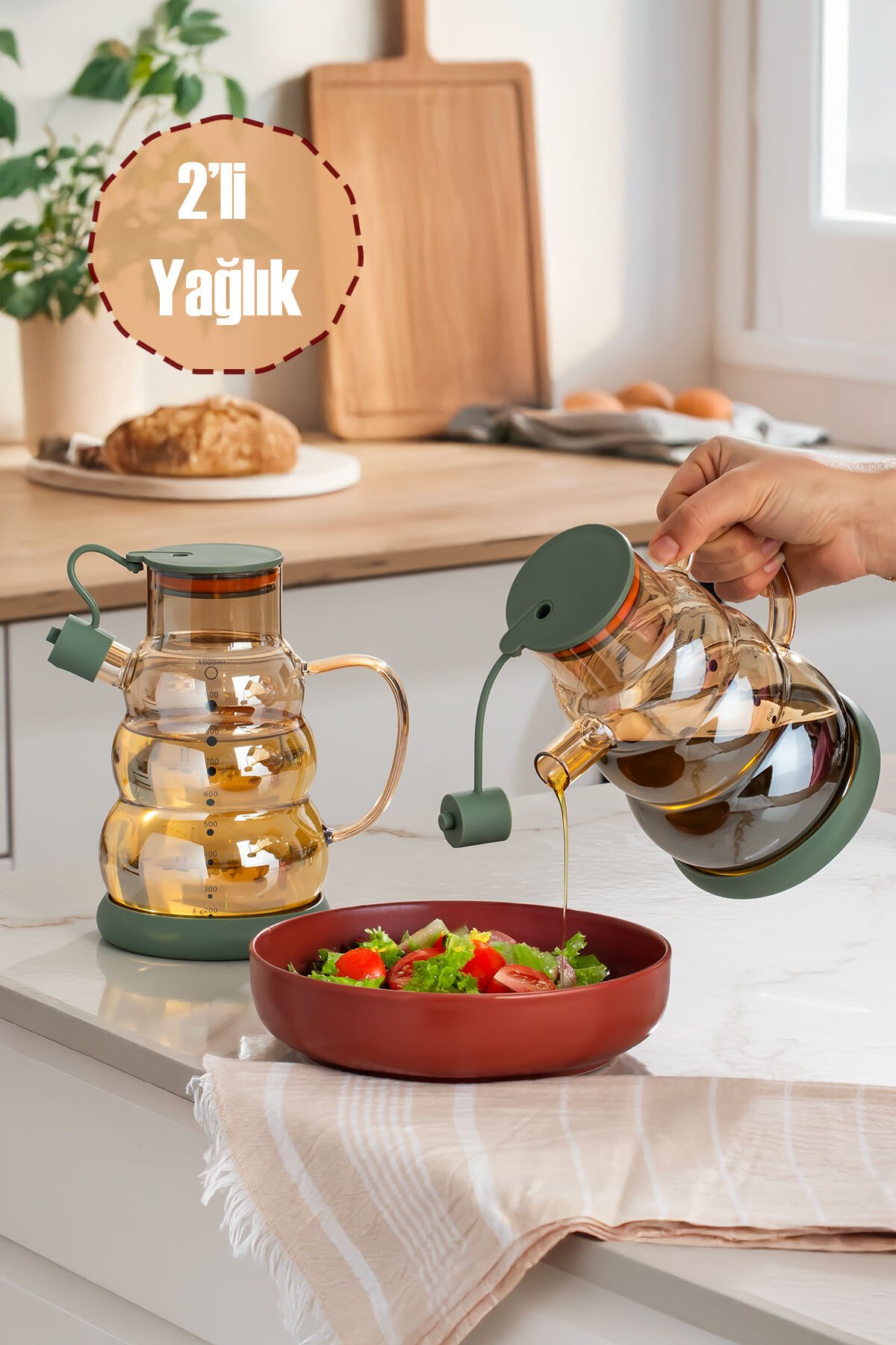 Porsima 3617 Kapaklı Borosilikat Cam 2li Yağlık Sirkelik Seti Yağdanlık Takımı 1000ml Yeşil