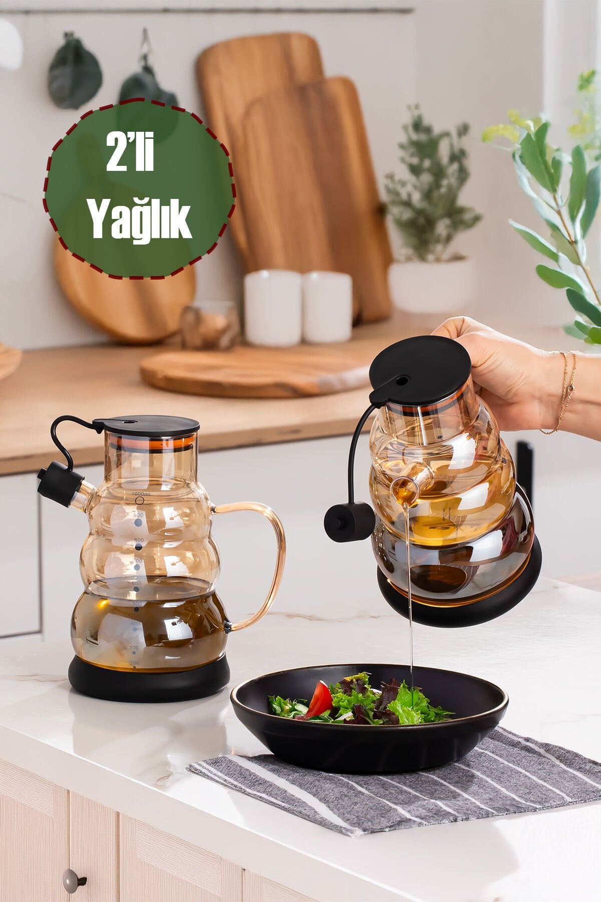 Porsima 3617- 1 Kapaklı Borosilikat Cam 2li Yağlık Sirkelik Seti Yağdanlık Takımı 1000ml Siyah