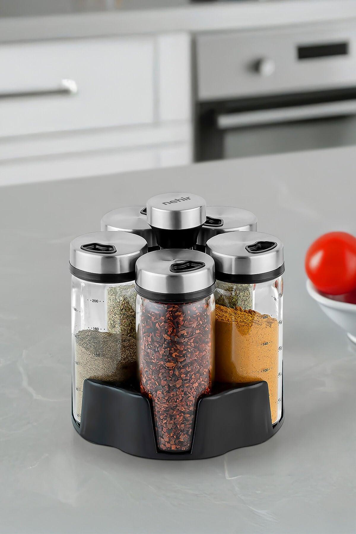 Nehir 6 Parça Borosilikat Döner Standlı Baharatlık Seti