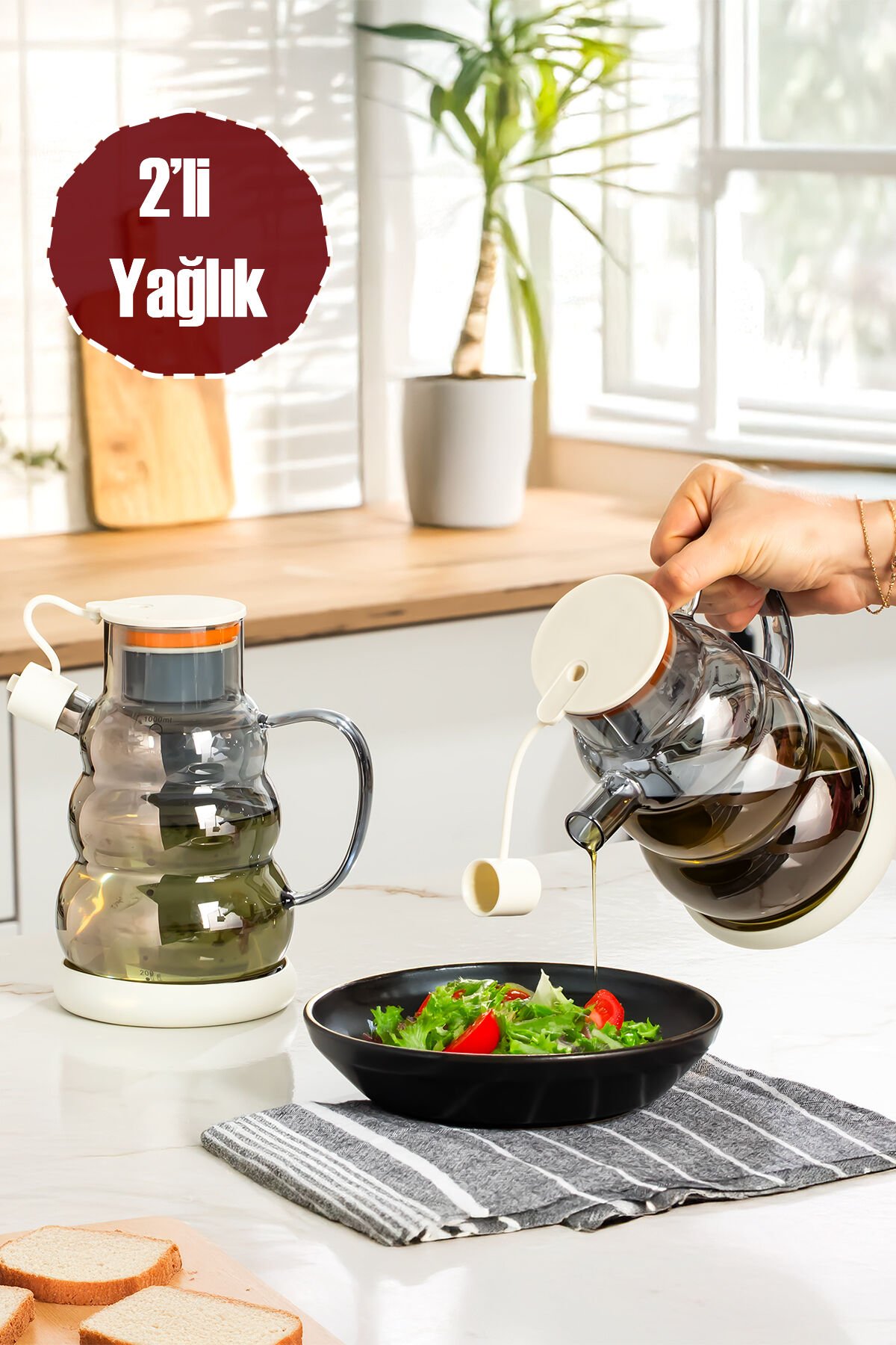 Porsima 3617- 2 Kapaklı Borosilikat Cam 2li Yağlık Sirkelik Seti Yağdanlık Takımı 1000ml Beyaz