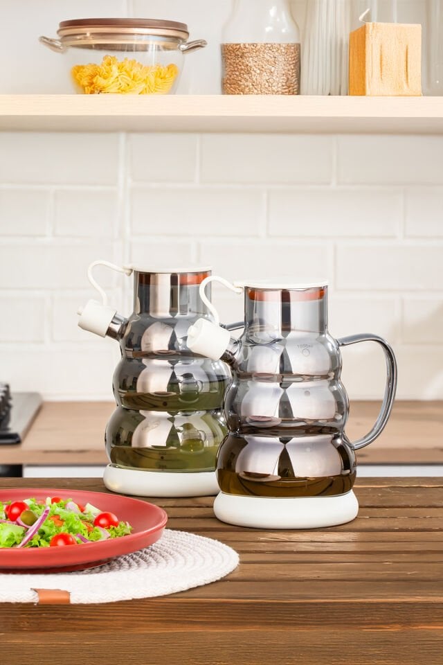 Porsima 3617- 2 Kapaklı Borosilikat Cam 2li Yağlık Sirkelik Seti Yağdanlık Takımı 1000ml Beyaz