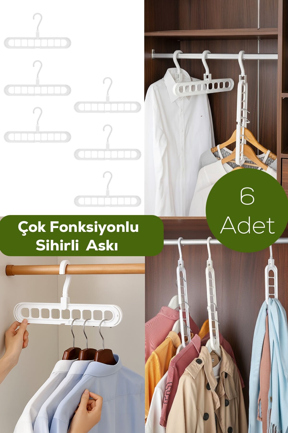 Porsima Org-250 6 Adet Çok Fonksiyonlu Dolap Içi Düzenleyici Organizer Sihirli Askı Tişört Gömlek Elbise Askısı