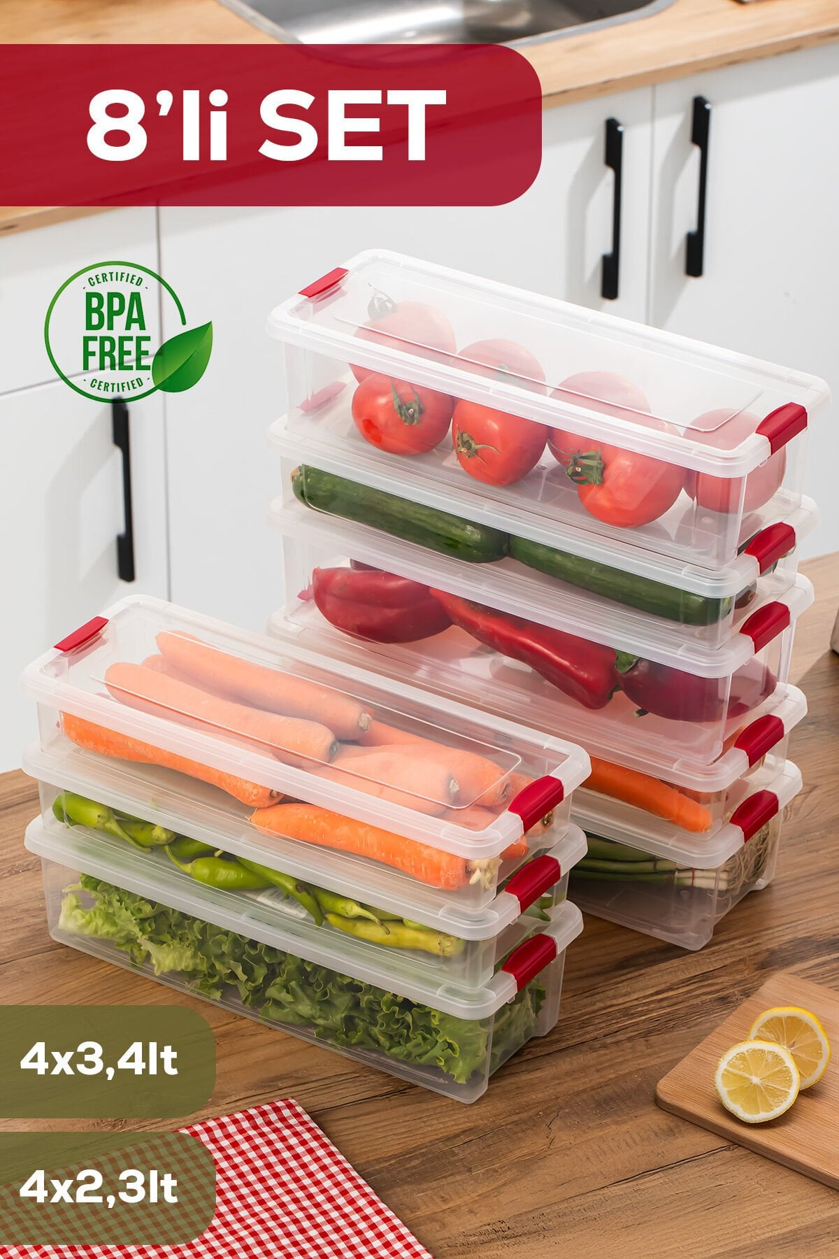 Porsima 8li Kilitli Kapaklı Yiyecek Erzak Saklama Kabı Seti - Buzdolabı Düzenleyici Organizeri