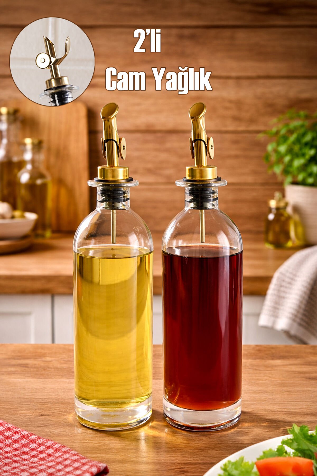 Porsima 3890 Gold Sızdırmaz Kapaklı Cam 2li Yağlık Sirkelik Yağdanlık Seti 500+500 ml