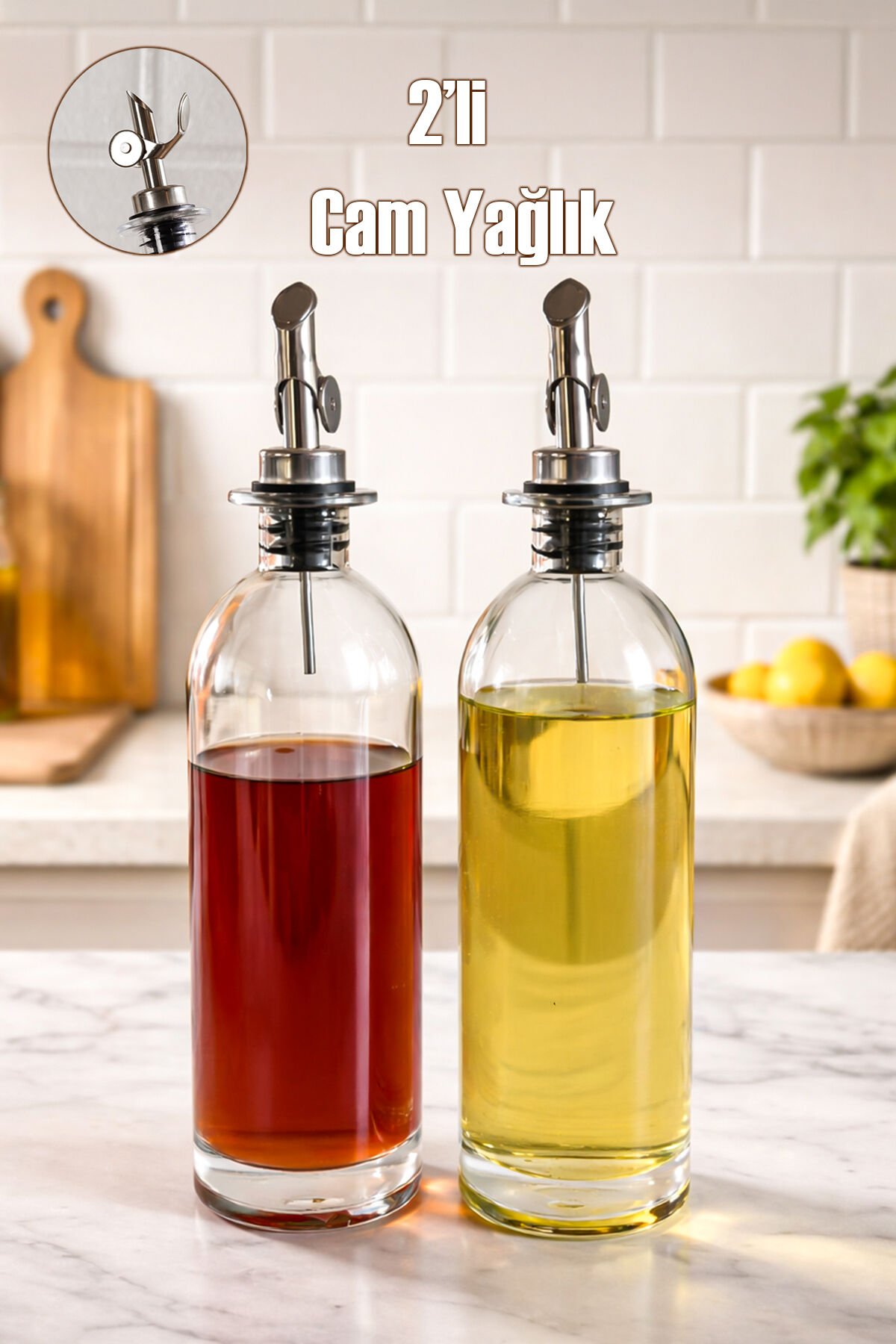 Porsima 3890-1 Gümüş Sızdırmaz Kapaklı Cam 2li Yağlık Sirkelik Yağdanlık Seti 500+500 ml