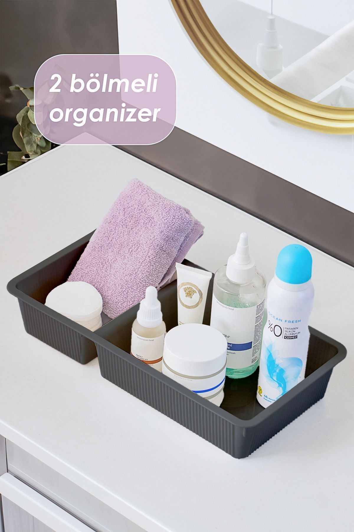 Porsima WH-72 Antrasit 2 Bölmeli Düzenleyici Çekmece Dolap İçin Çok Amaçlı Plastik Organizer