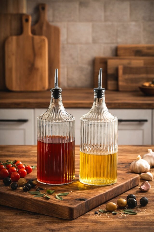 Porsima Viking 18113 2li 1000 ml Cam Şişe Yağlık Sirkelik Çift Kapaklı Gümüş