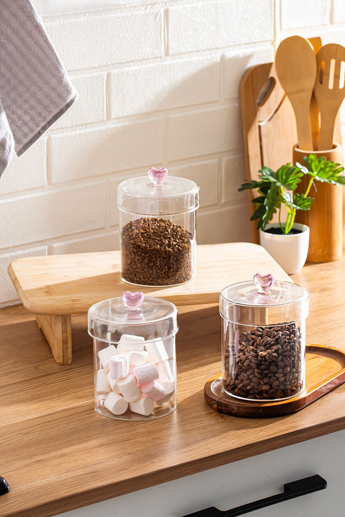 Porsima Hearts 3lü 750 ml Borosilikat Cam Kavanoz Seti Saklama Kabı Takımı 10x12 cm