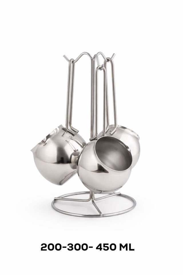 Oms 7032 Çelik Tombik 4lü Cezve Takımı Silver 200-300-450 ml