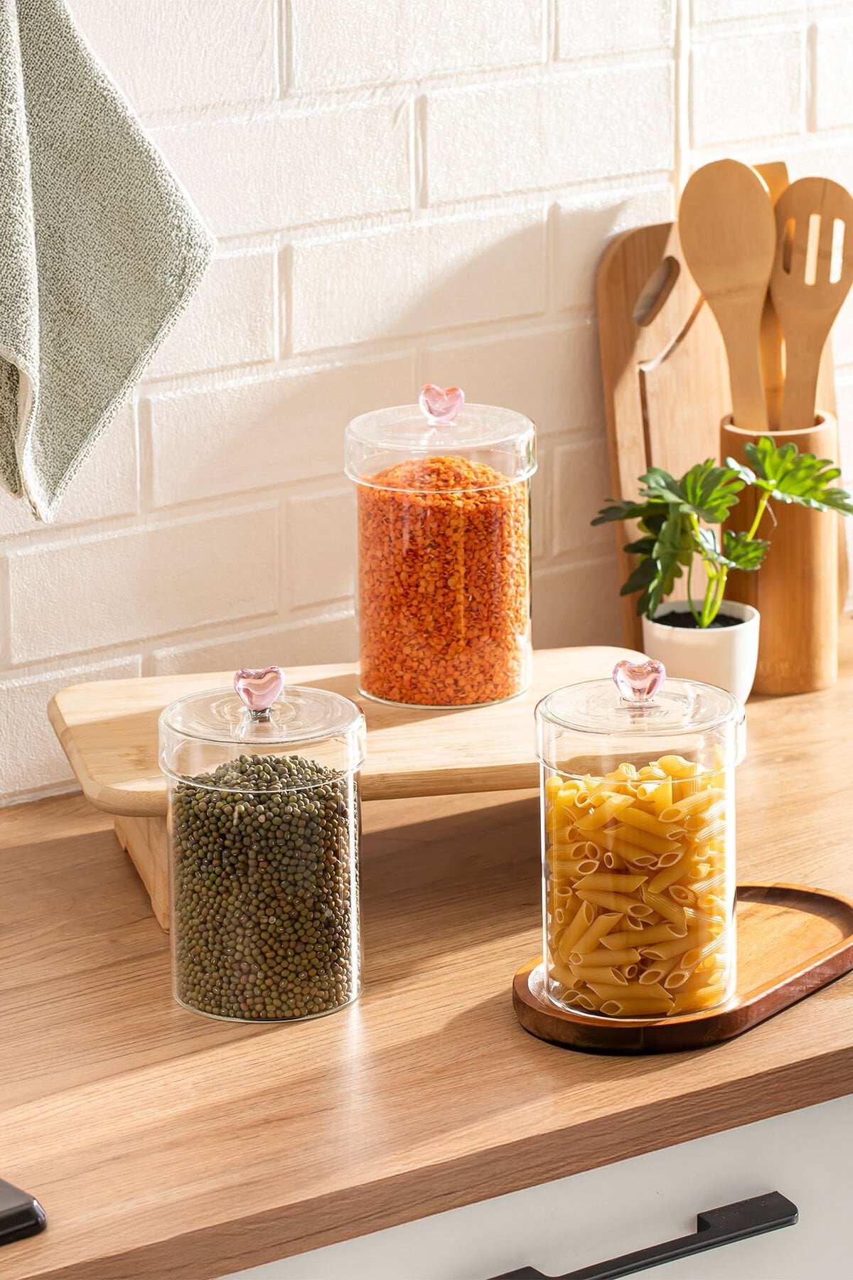 Porsima Hearts 3lü 950 ml Borosilikat Cam Kavanoz Seti Saklama Kabı Takımı 10x15 cm