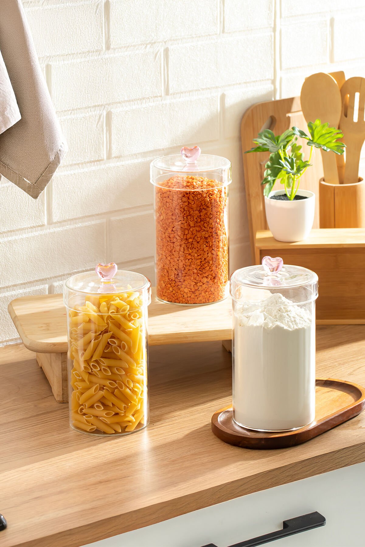 Porsima Hearts 3lü 1150 ml Borosilikat Cam Kavanoz Seti Saklama Kabı Takımı 10x18cm