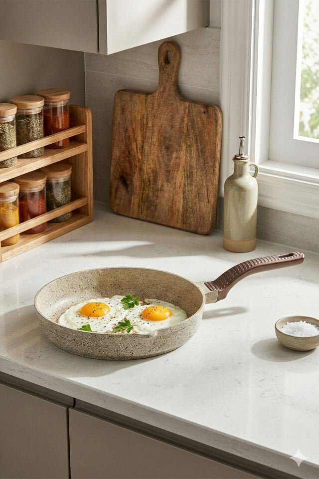 Oms 3738 Biogranit Döküm Grill Ergonomik Saplı 3 Parça Tava Seti Kum Beji 20-24-28cm Siyah