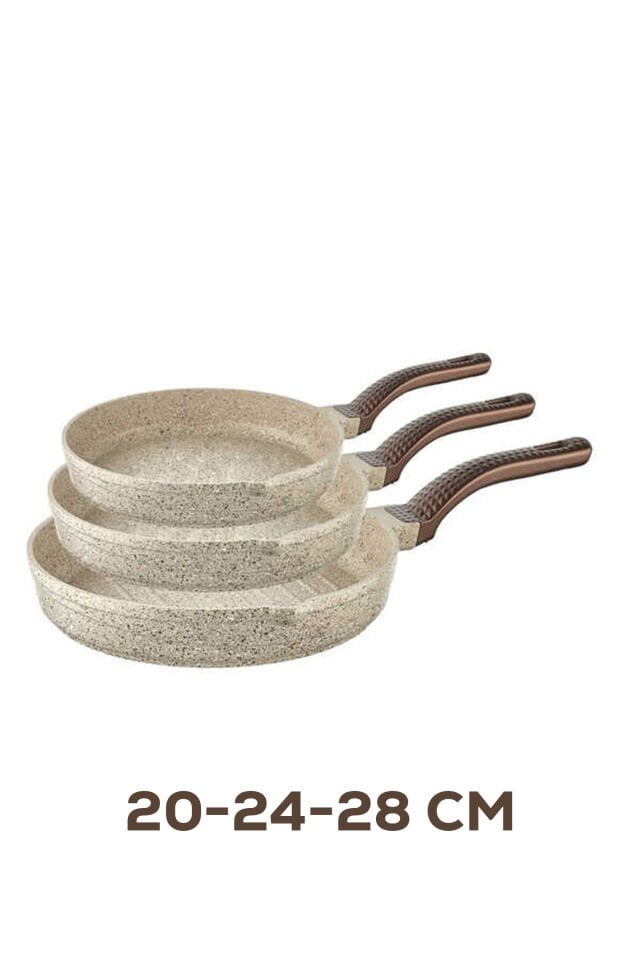 Oms 3738 Biogranit Döküm Grill Ergonomik Saplı 3 Parça Tava Seti Kum Beji 20-24-28cm Siyah