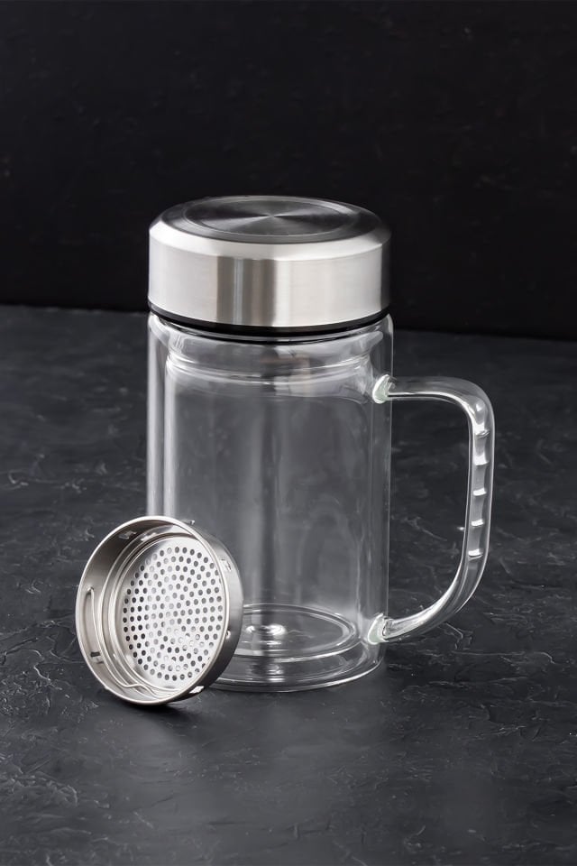 Porsima BY-84 Çift Cidarlı Süzgeçli Kupa Metal Kapaklı Kulplu Borosilikat Bitki Çayı Bardağı Çay Kahve Kupası