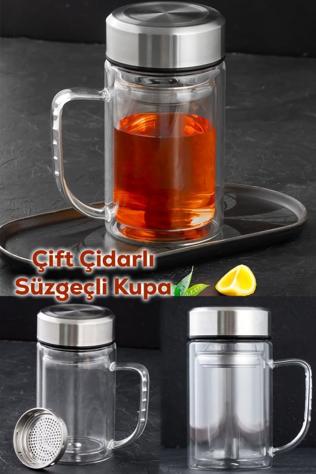 Porsima BY-84 Çift Cidarlı Süzgeçli Kupa Metal Kapaklı Kulplu Borosilikat Bitki Çayı Bardağı Çay Kahve Kupası