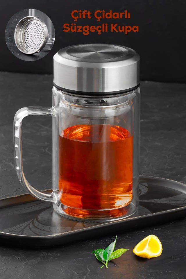 Porsima BY-84 Çift Cidarlı Süzgeçli Kupa Metal Kapaklı Kulplu Borosilikat Bitki Çayı Bardağı Çay Kahve Kupası