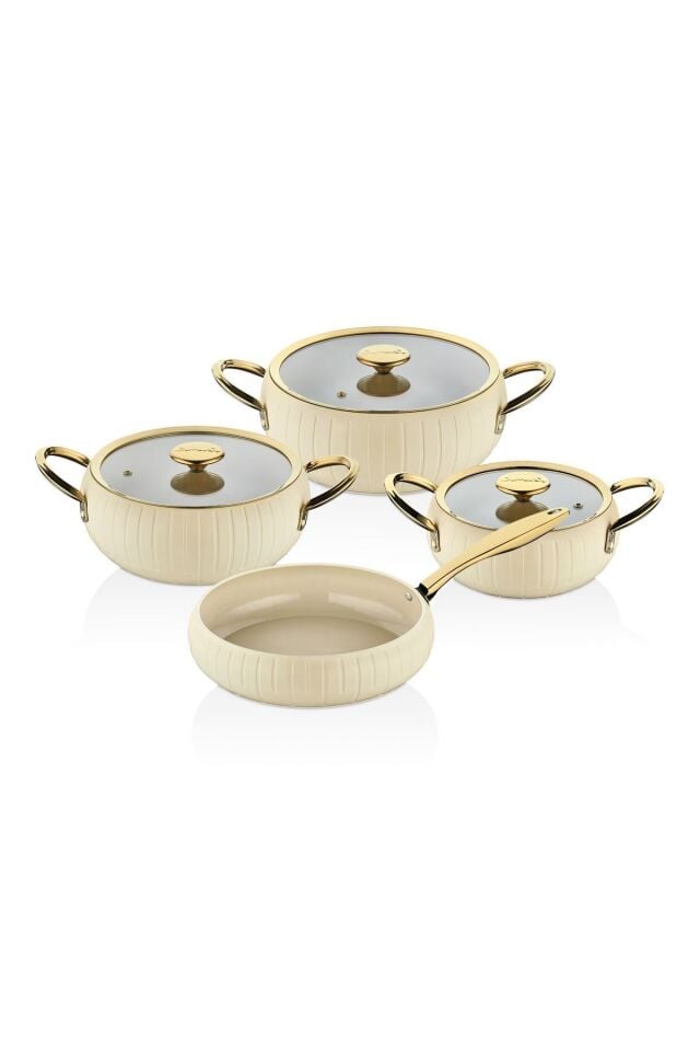 Oms 12001 Allure Pure Ceramic 7 Parça  Biogranit Seramik Tencere Seti Krem Gövde Gold Detay