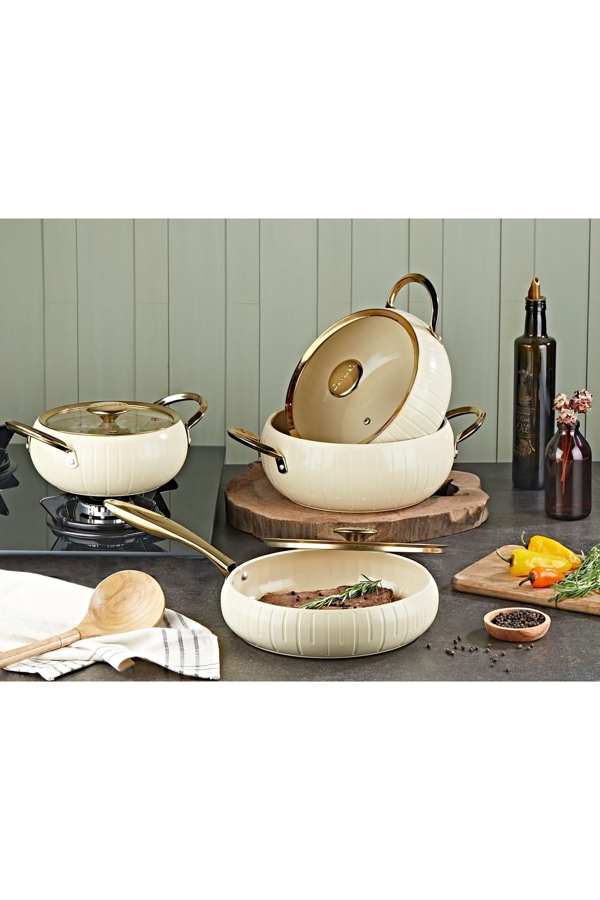 Oms 12001 Allure Pure Ceramic 7 Parça  Biogranit Seramik Tencere Seti Krem Gövde Gold Detay