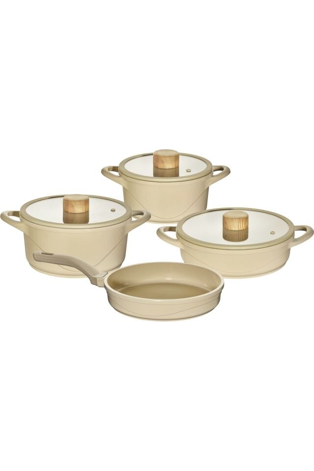 Oms 12050 Oyster Pure Ceramic 7 Parça  Biogranit Seramik Tencere Seti Krem Gövde Ahşap Detay