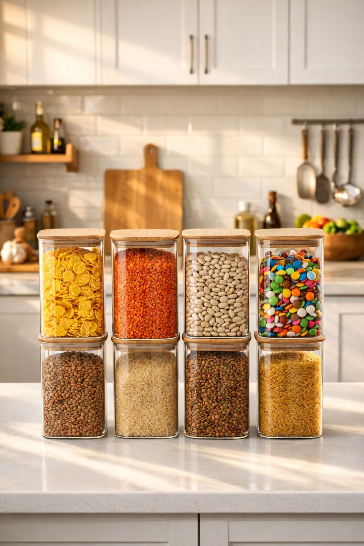 Porsima 4395 8li Kare 1100 ml Bambu Vakumlu Kapaklı Cam Kavanoz Seti Saklama Kabı 10x15cm