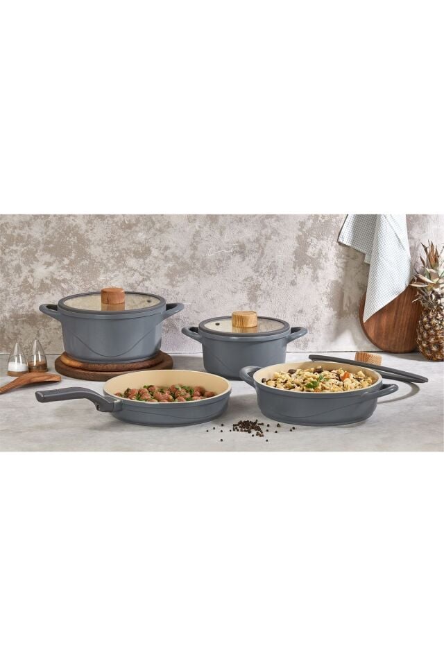 Oms 12050Oyster Pure Ceramic 7 Parça  Biogranit Seramik Tencere Seti Antrasit Gövde Ahşap Detay