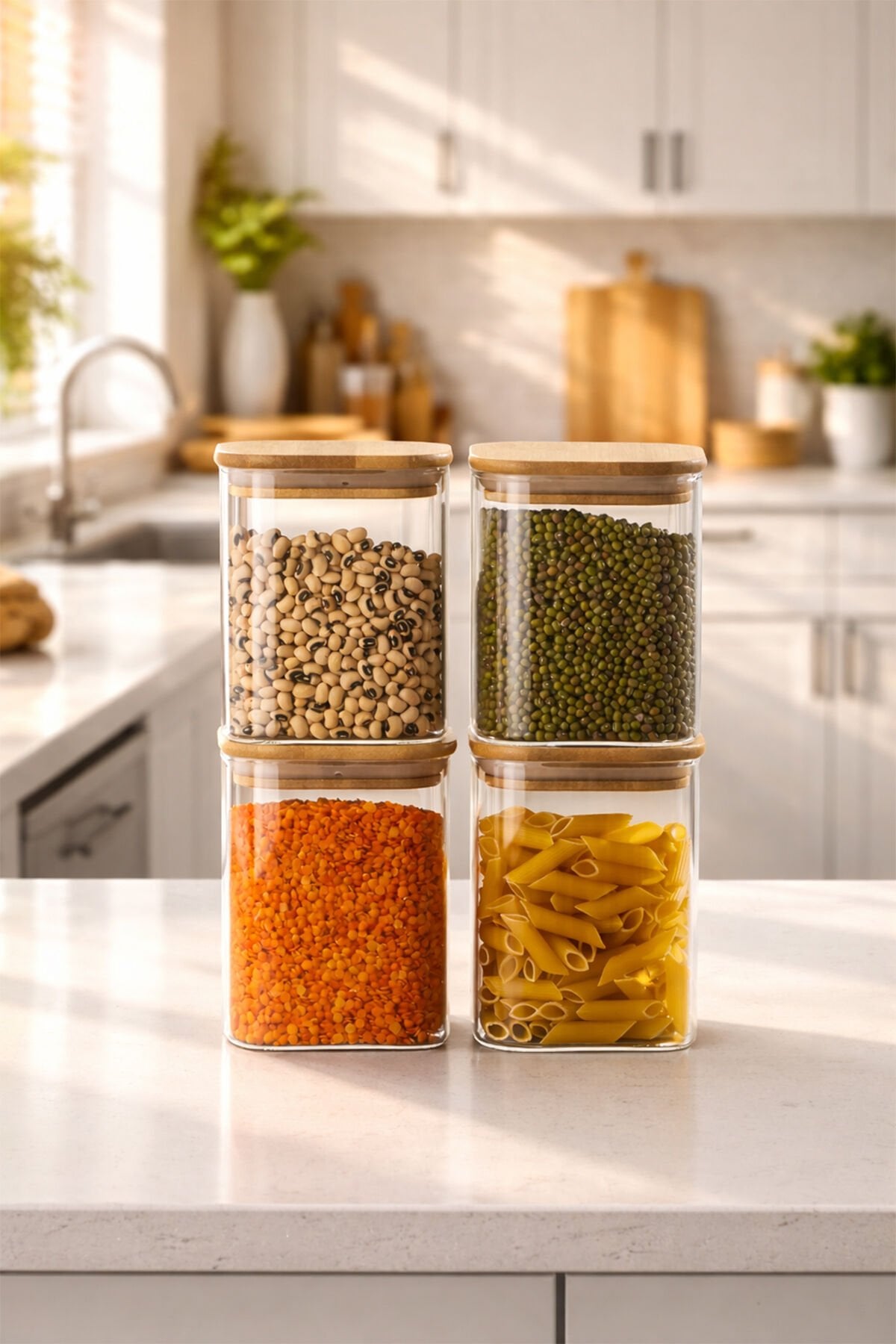 Porsima 407 4lü Kare 900 ml Bambu Vakumlu Kapaklı Cam Kavanoz Seti Saklama Kabı 10x12cm