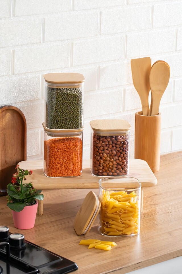 Porsima 407 4lü Kare 900 ml Bambu Vakumlu Kapaklı Cam Kavanoz Seti Saklama Kabı 10x12cm