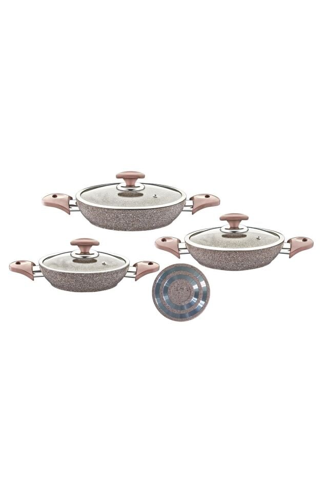 Oms 3004 - 6 Parça Bio Granit Yapıştırmaz 18-20-22 CM) Sahan Seti Sütlü Kahve Gövde