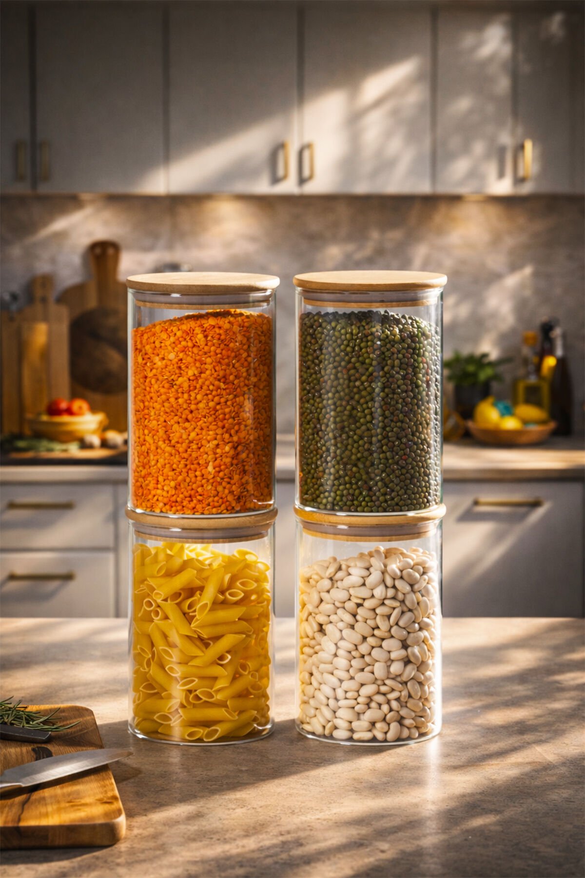 Porsima 416 4lü 950 ml Bambu Vakumlu Kapaklı Cam Kavanoz Seti Saklama Kabı 10x15cm