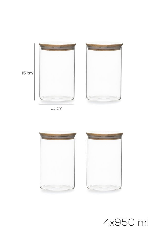 Porsima 416 4lü 950 ml Bambu Vakumlu Kapaklı Cam Kavanoz Seti Saklama Kabı 10x15cm