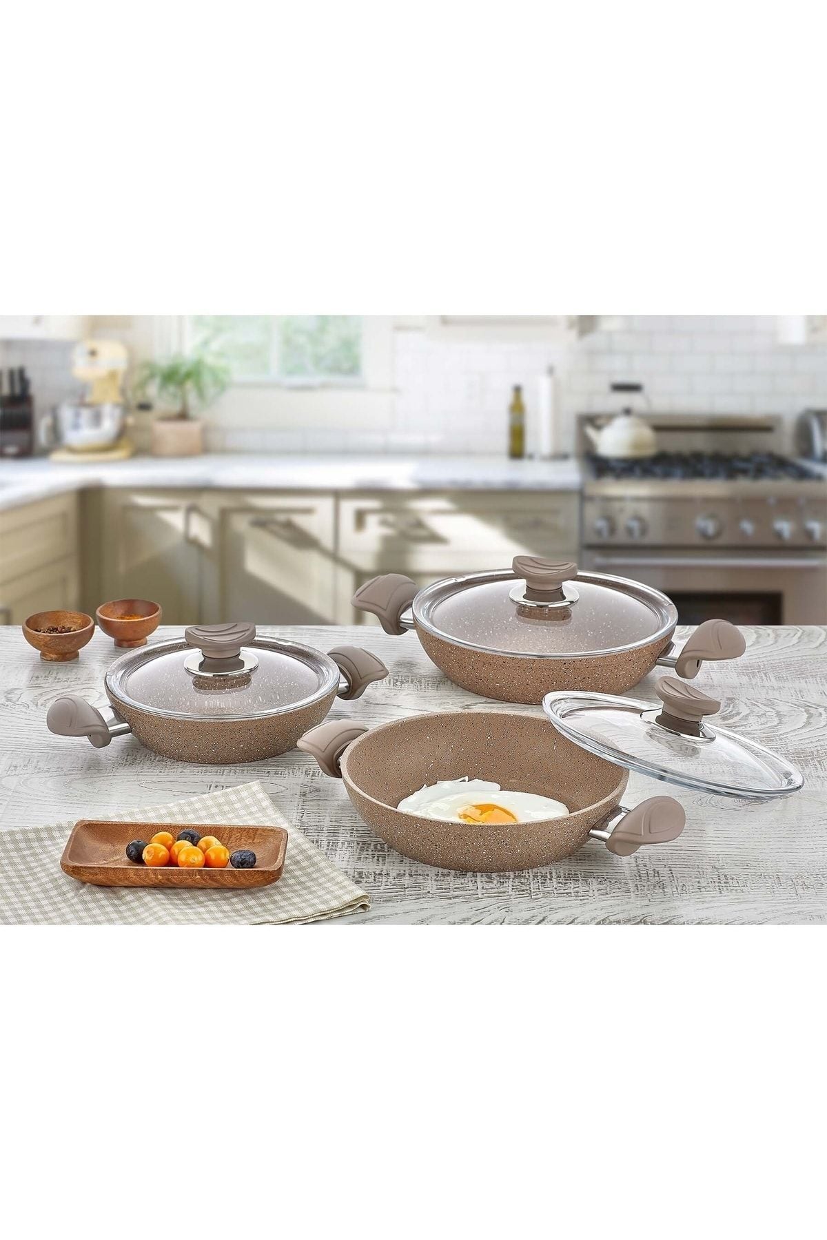 Oms 3004 - 6 Parça Bio Granit Yapıştırmaz 18-20-22 CM) Sahan Seti Sütlü Kahve Gövde