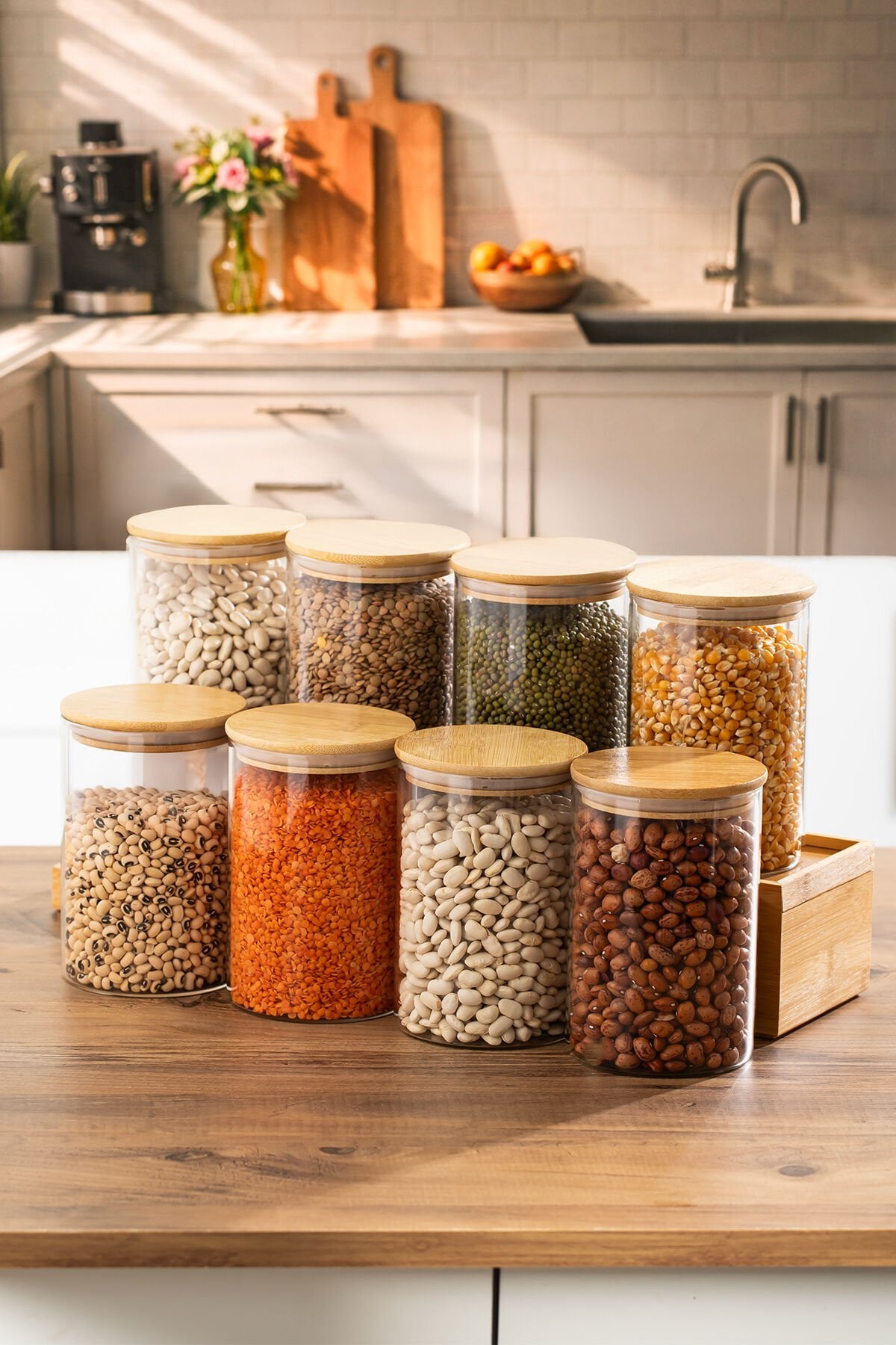 Porsima 416 8li 950 ml Bambu Vakumlu Kapaklı Cam Kavanoz Seti Saklama Kabı 10x15cm