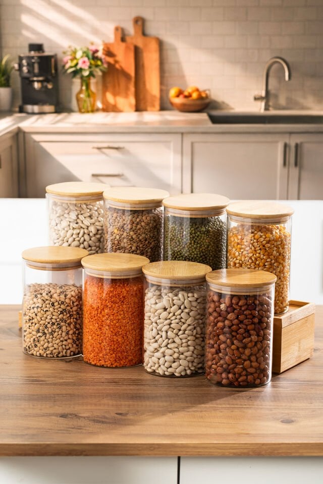 Porsima 416 8li 950 ml Bambu Vakumlu Kapaklı Cam Kavanoz Seti Saklama Kabı 10x15cm
