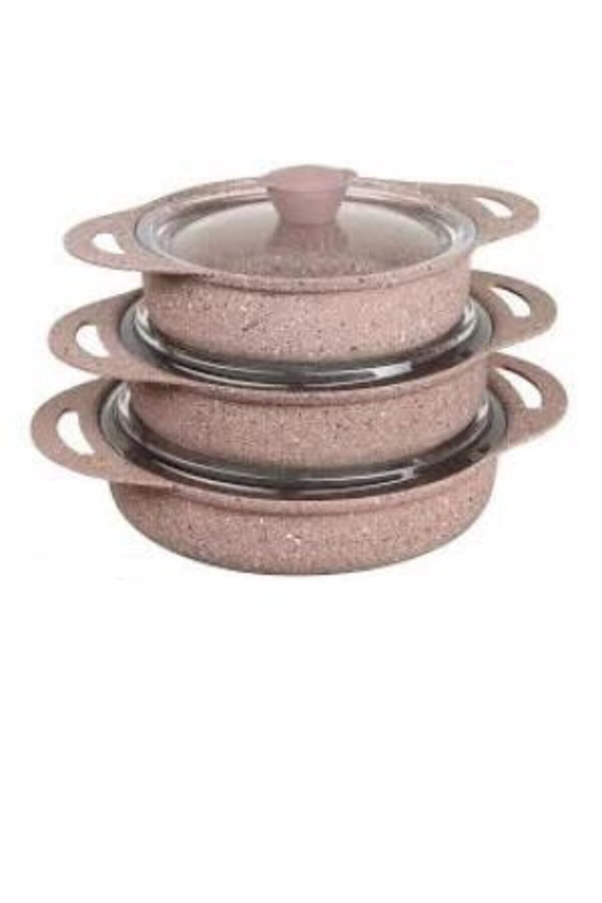 Oms Döküm Granit 6 Parça Kapaklı Sahan Set 16-18-20 cm Kahve