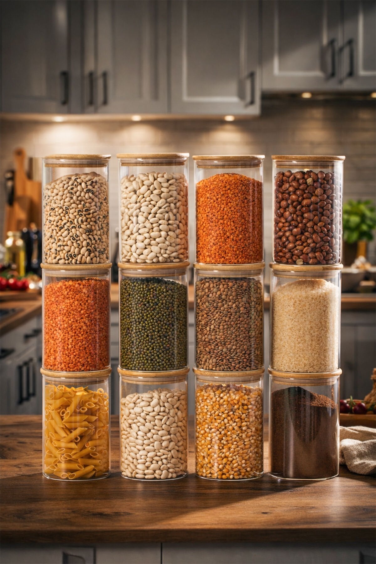 Porsima 416 12li 950 ml Bambu Vakumlu Kapaklı Cam Kavanoz Seti Saklama Kabı 10x15cm