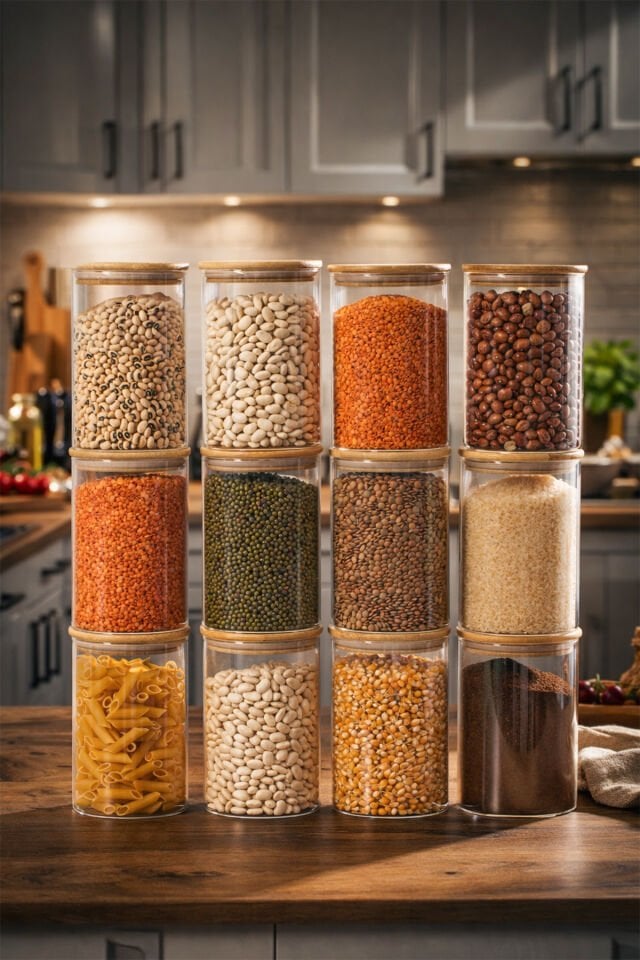 Porsima 416 12li 950 ml Bambu Vakumlu Kapaklı Cam Kavanoz Seti Saklama Kabı 10x15cm