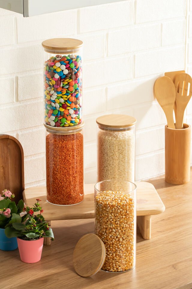 Porsima 417 4lü 1300 ml Bambu Vakumlu Kapaklı Cam Kavanoz Seti Saklama Kabı 10x20cm
