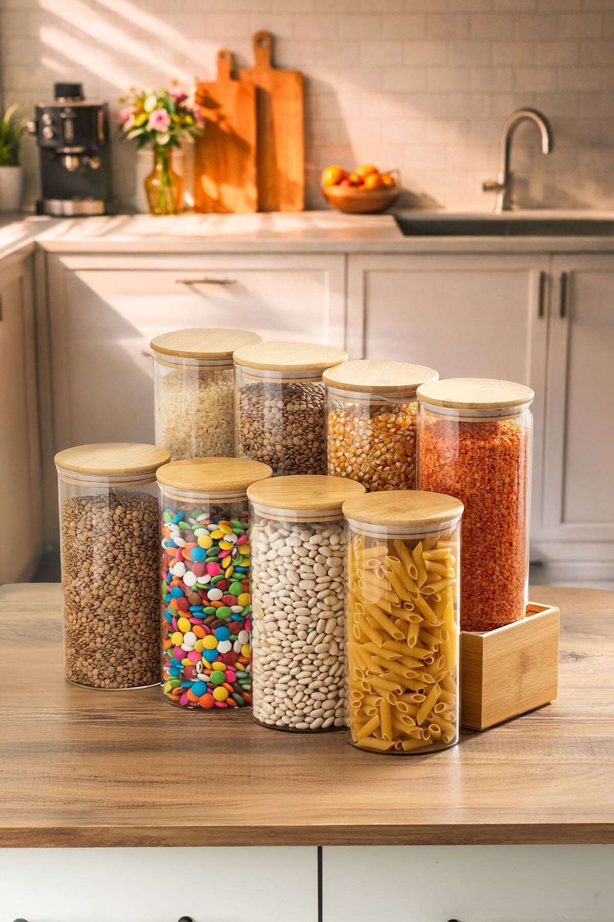 Porsima 417 8li 1300 ml Bambu Vakumlu Kapaklı Cam Kavanoz Seti Saklama Kabı 10x20cm