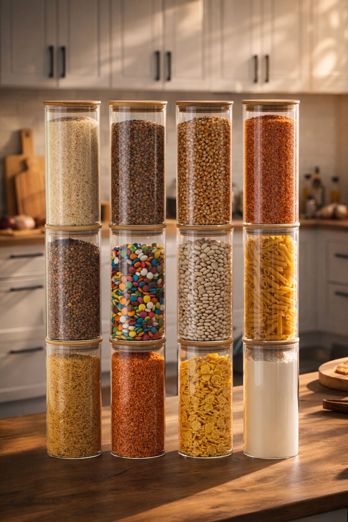 Porsima 417 12li 1300 ml Bambu Vakumlu Kapaklı Cam Kavanoz Seti Saklama Kabı 10x20cm