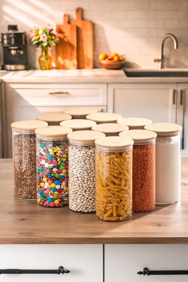 Porsima 417 12li 1300 ml Bambu Vakumlu Kapaklı Cam Kavanoz Seti Saklama Kabı 10x20cm