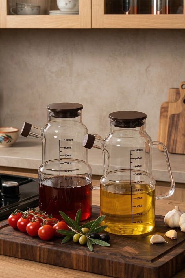 Porsima LM-0107 Evora Kapaklı Borosilikat Cam 2li Yağlık Sirkelik Yağdanlık Seti 1000ml