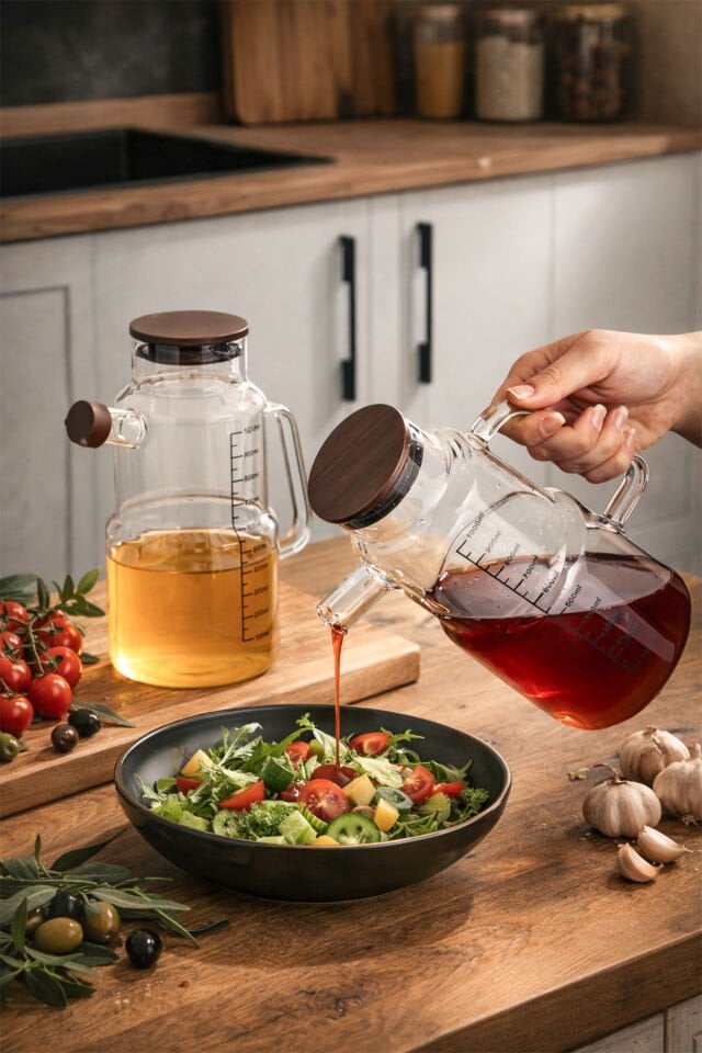 Porsima LM-0107 Evora Kapaklı Borosilikat Cam 2li Yağlık Sirkelik Yağdanlık Seti 1000ml