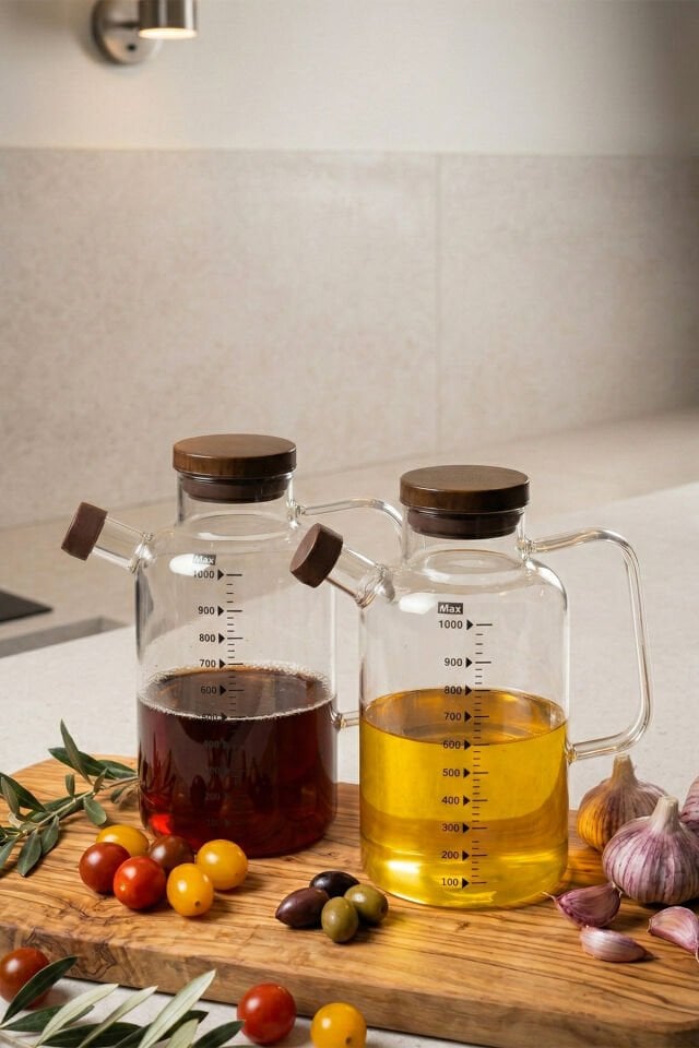 Porsima LM-0108 Verra Kapaklı Borosilikat Cam 2li Yağlık Sirkelik Yağdanlık Seti 1000ml