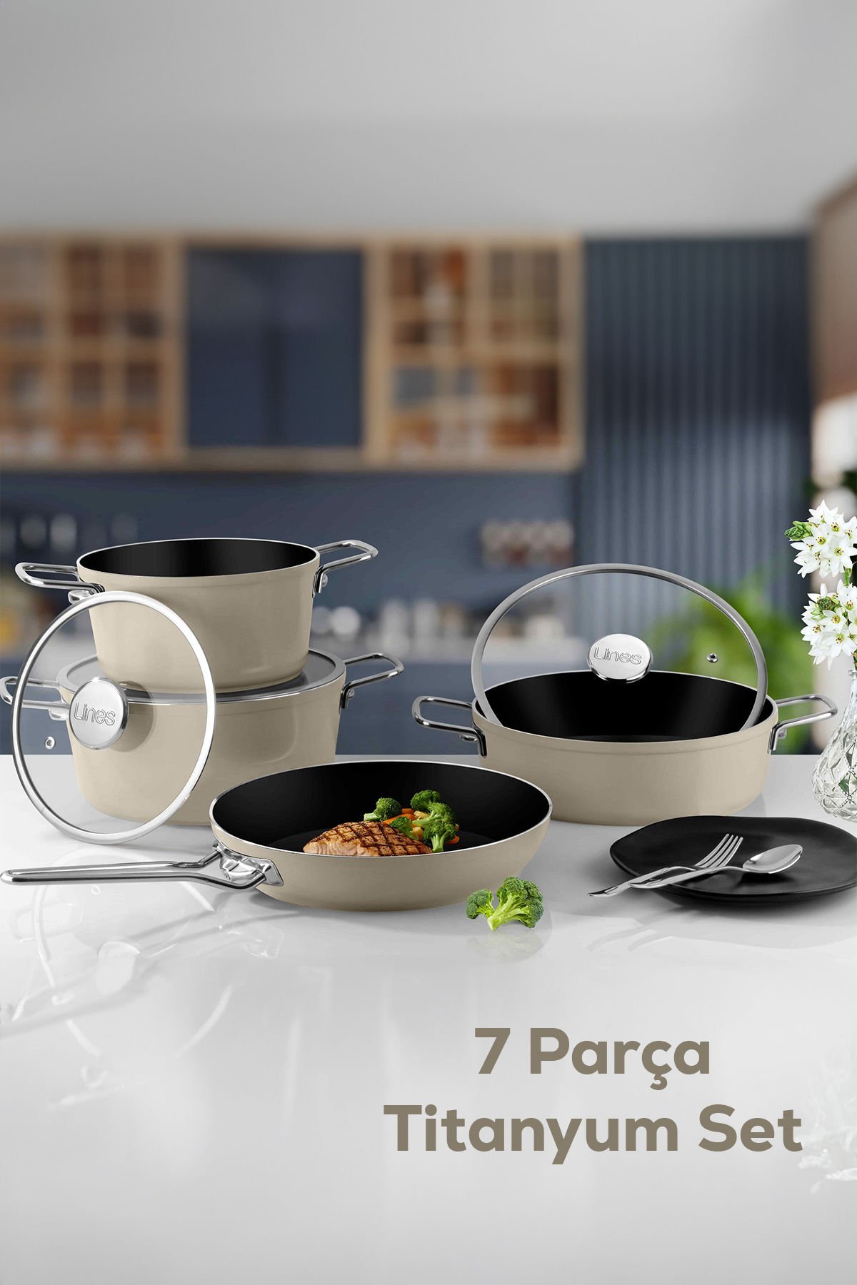 Lines Rozella 7 Parça Titanyum Tencere Seti - Krem